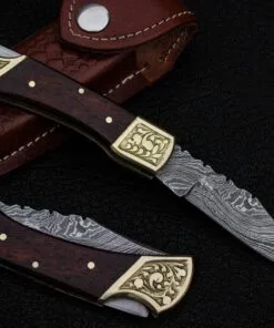 Damascus steel engraved folding pocket knife