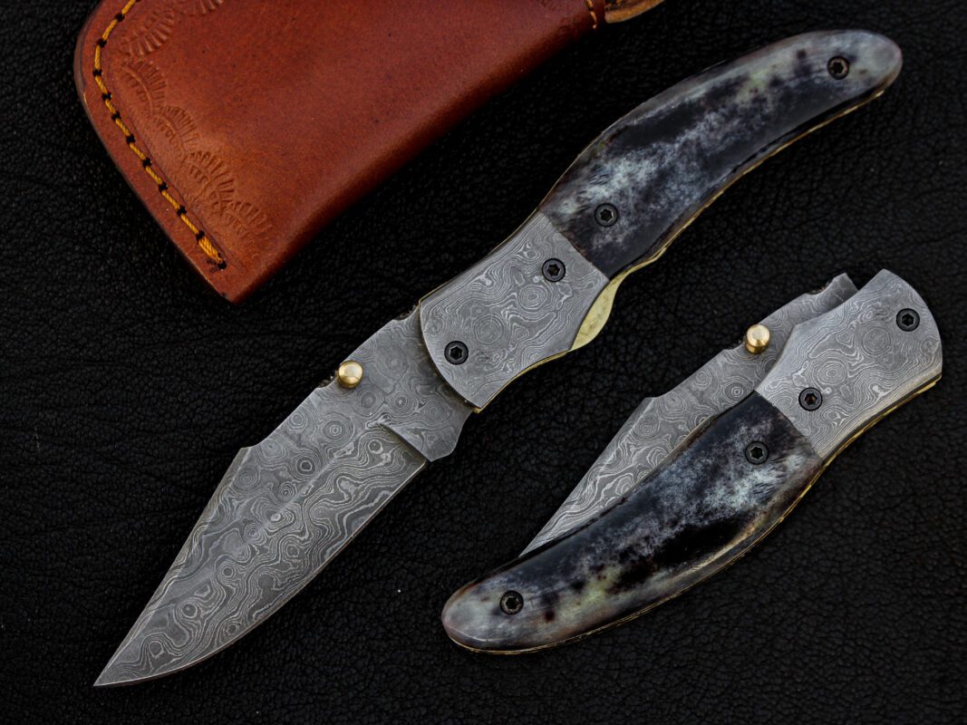 Folding EDC Knife With Handmade Leather Sheath 2024
