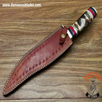 Damascus Steel Bowie Knife with Genuine Leather Sheath Damascus Steel Bowie Knife with Genuine Leather Sheath
