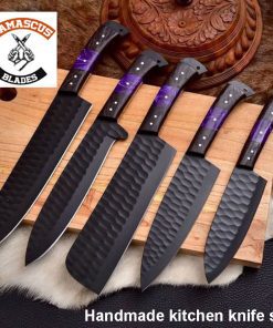 Handmade kitchen knife set with bag