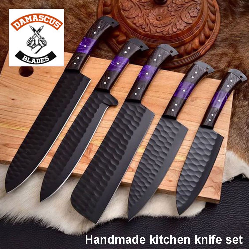 Handmade kitchen knife set with bag