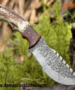 Handmade Damascus Steel Stag Horn Tracker Knife