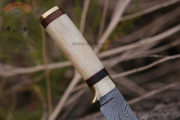 Damascus fixed blade hunting knife with leather sheath 2024