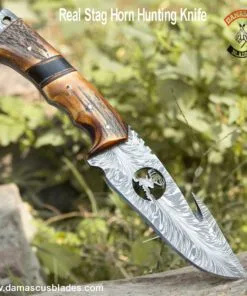 Feather Damascus Hunting Knife Real Stag Horn Hunting Knife