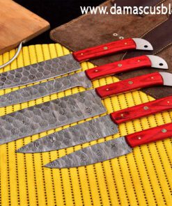 Damascus Steel Red Handle Kitchen Knives Set