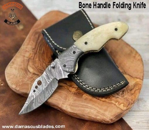 Bone Handle Folding Knife Handmade Damascus Steel EDC Knife