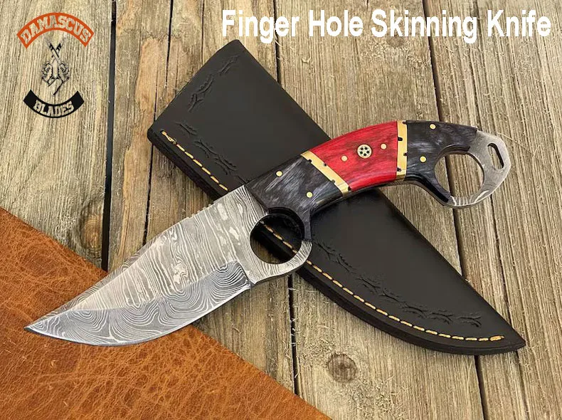 Damascus Steel Finger Hole Skinning Knife