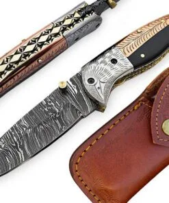Damascus engraved folding knife