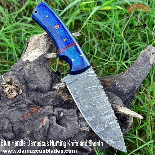 Blue handle Damascus hunting knife