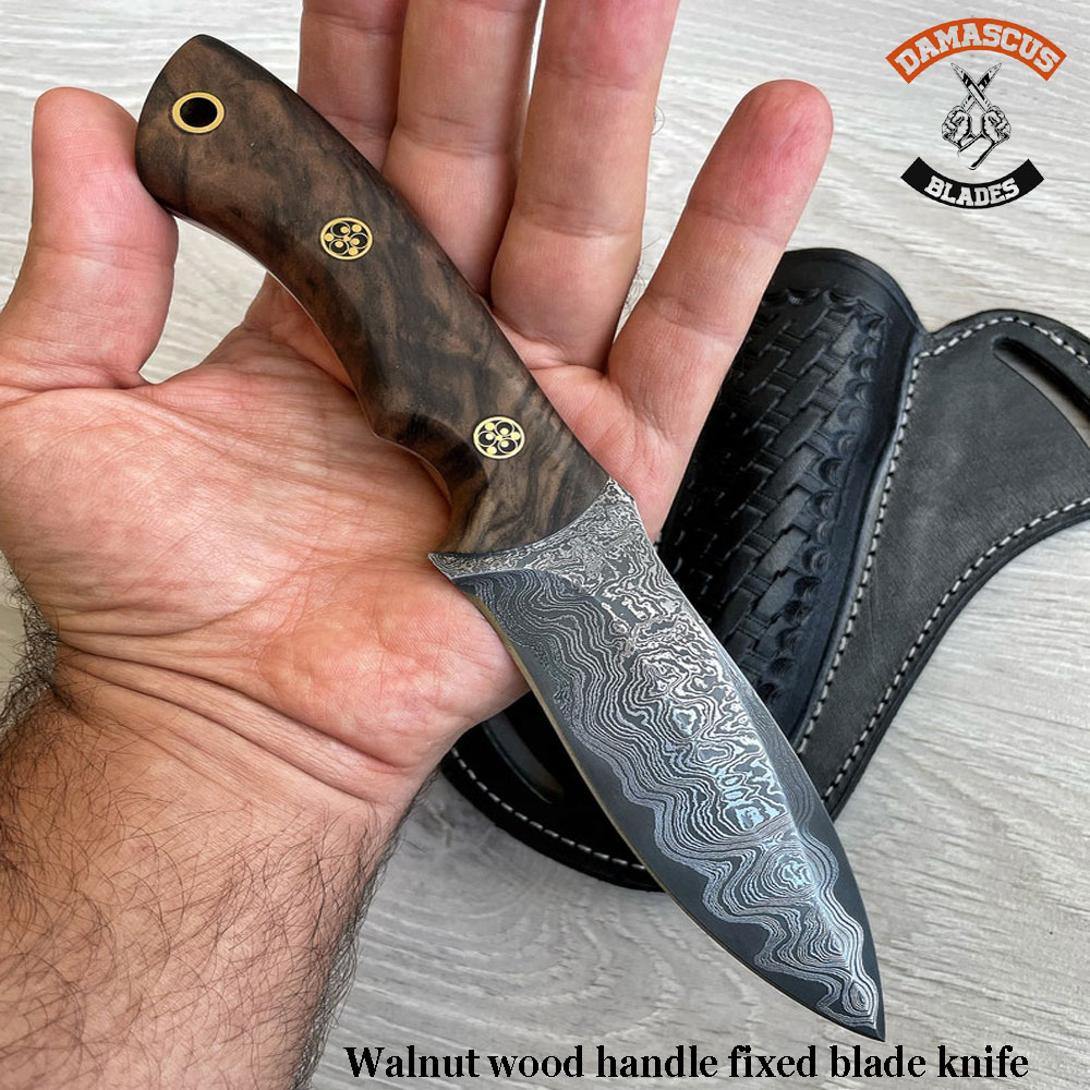 Walnut wood handle fixed blade knife