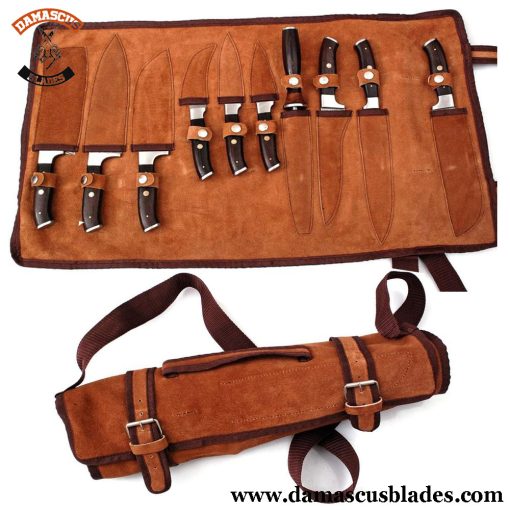 Chef knives with leather roll bag